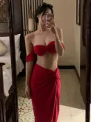 喜挖2店 【喜挖】氣質泳衣女神大紅色平口性感辣妹純欲風長裙款休閒度假溫泉游泳裝