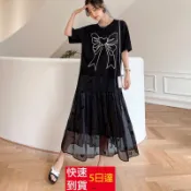 L-3XL大尺碼洋裝 夏短袖蝴蝶結印花拼接褶皺網紗裙擺黑色洋裝 過膝長洋裝HH