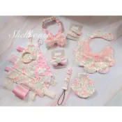 @貝殼屋手作@ 嬰兒彌月禮盒 花型圍兜/嬰兒髮帶/奶嘴套夾/水滴髮夾/安撫巾