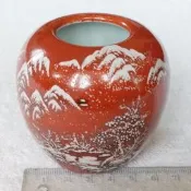 筆洗~陶瓷~紅釉~雪景~仿古~居仁堂製~高約6cm
