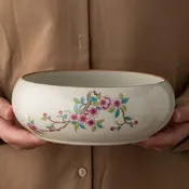 米黃汝窯桃枝陶瓷茶洗杯洗文房筆洗茶渣缸茶水桶水盂建水缸廢水缸