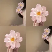 【現貨】純欲粉色波斯菊髮夾氛圍感立體花朵髮卡海邊度假拍照頭飾劉海夾子