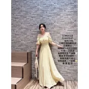 💗現貨藍/黃💗10020超仙一字領長洋裝方領縮腰傘擺長洋裝後綁帶婚禮穿到喜宴穿搭渡假穿到