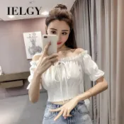 IELGY 女士露肩一字肩領繫帶短款雪紡襯衫女百搭洋氣襯衫潮