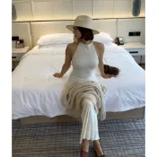 野性歐美 簡約大露背洋裝 高個子及踝長裙 落地洋裝 緊身顯瘦氣質高級感洋裝 超長魚尾裙 掛脖無袖削肩洋裝 晚宴洋裝