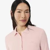 【LACOSTE】女裝-修身彈性網眼布長袖Polo衫(粉紅色)