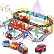 【CuteStone】雙層聲光火車汽車軌道組(含吊橋/音樂火車/越野車) - 益智拼裝/兒童節生日禮物/多種變換造型