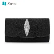 【台灣發貨】【Sarlisi】無拼接珍珠魚長款錢包 原創女包 珍珠魚手拿包 真皮三折長夾 泰國珍珠魚皮長夾