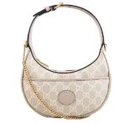 【GUCCI 古馳】經典雙G LOGO緹花迷你手提包半月包兩用包(全新未使用福利品)