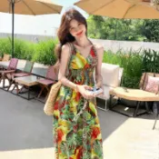 龜背葉花細肩帶長洋【25274】春夏新款民族風渡假出遊露肩吊帶印花連身洋裝 連身裙 長裙連衣裙 Sandy33