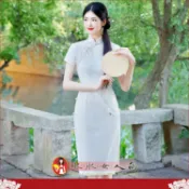 復古純色蕾絲短旗袍｜時尚改良開衩修身版短袖洋裝・四季皆宜｜中國風優雅顯瘦｜伊人醉 米白色｜水水女人國