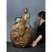 【阿一藝品】早期廣東石灣陶【觀音菩薩】蓮花觀音名師手製有落款值得收藏居家裝飾石灣陶擺件Y39