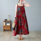 (店+)【巴黎精品】極速出貨 女連身裙寬鬆洋裝大尺碼長裙連衣裙休閒大碼女裝-細肩帶印花大擺蛋糕裙女裙子a1fd9 2G