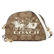【COACH】大馬車LOGO印花皮革迷你斜背包(駝/白)