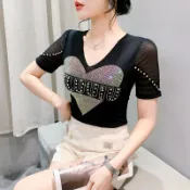 MIOU Fashion Love Hot Diamond 短袖V領T恤女裝2025夏季新款西式修身美觀設計閃亮黑色上衣
