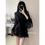 【臺灣出貨】【促銷精品】黑色長袖連衣裙女夏季法式禦姐風短裙收腰a字露背氣質高級感裙子 純慾 洋裝