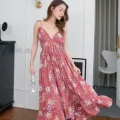 波希米亞風碎花露背長洋裝，白色夏日洋裝，波希米亞風婚禮洋裝