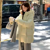 【若初】純色長袖拉鍊雙口袋中長款蓬鬆科技羽絨棉連帽外套女外套-共5色-17097(M-XL可選)