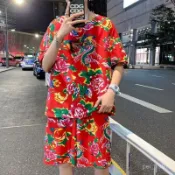 🔥熱賣🔥東北大花布短袖短褲T衫民族服搞笑國朝風東北二人轉搞怪炸街