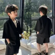 男童西服套裝 韓版帥氣三件套 畢業禮服花童主持服 2-12歲 夏季短袖薄款 中小童休閒西裝