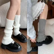 Lolita秋冬針織毛綫堆堆襪套日係JK白色中筒小腿襪顯瘦腿套女保暖 RO6U