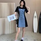 【韓國K.W.】韓國丹寧牛仔火熱情深拼接假二件優雅洋裝(小香風/輕量/洋裝/休閒/日系/通勤/渡假)
