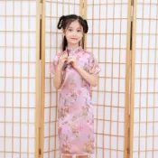 【現貨秒出】女童織錦緞旗袍洋裝 復古粉紅色龍鳳刺繡唐裝 兒童漢服連身裙 節慶拜年表演服 8-16號｜水水女人國