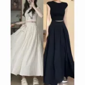 ✨U家女裝✨大尺碼半身裙 赫本風法式套裝女修身短袖T恤夏季大裙擺a字裙半身裙氣質兩件套裝