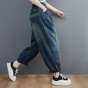 【巴黎精品】現貨+預購 高腰牛仔褲丹寧長褲大碼寬褲直筒褲裙落地褲休閒女裝-拼色貼布繡寬管女褲子a1aq32