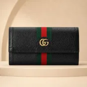 GUCCI 古馳 719886 經典Ophidia系列皮革拼接織帶金色LOGO信封式翻蓋長夾(黑色)