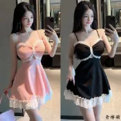 韓國洋裝性感低胸露背純欲名媛氣質拼色花邊修身顯瘦吊帶收腰大擺裙性感洋裝 氣質洋裝 夜店洋裝 辣妹洋裝