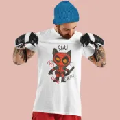  Cat Deadpool 中性短袖T恤 白色 潮T禮物美式寬鬆休閒貓咪死侍與金鋼狼趣味幽默