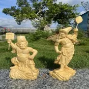 檜木精雕黑白無常七爺八爺擺件寺廟大爺二爺家居佛堂裝飾工藝