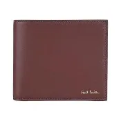 【Paul Smith】PAUL SMITH金箔LOGO小牛皮結合小羊皮4卡對開零錢短夾(酒紅x內彩條紋)