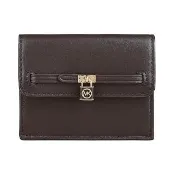 【Michael Kors】MK MICHAEL KORS Hamilton Legacy 鎖頭金字LOGO牛皮2卡釦式卡片零錢包(巧克力棕)