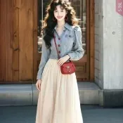 【Amay Style 艾美時尚】夏新品 中大尺碼女裝 兩件式 法式甜美公主袖短版牛仔外套半身裙套裝。S-3XL(套裝)