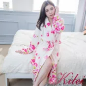 【Kilei】女生睡衣 保暖睡衣 水貂絨優雅玫瑰連身綁帶睡袍XA4321(米白玫瑰)全尺碼