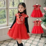 【橘魔法】牡丹鳳凰圖騰 旗袍小包袖紗裙洋裝 女童 兒童 童裝 連身裙 中式 過年 大紅 新年 拜年 抓週