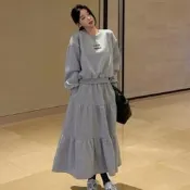 正韓空運來台🇰🇷混棉內刷毛 休閒套裝洋裝 SET 簡單LOVE MORE小字母大學T+鬆緊腰拼接魚尾傘狀裙 韓國精品套裝