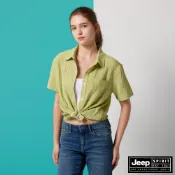 JEEP 女裝 跳色刺繡紋理短袖襯衫-綠