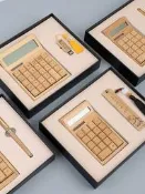 創意複古風竹子計算器禮盒 實木小號定制LOGO刻字 時尚大號竹木計算機器太陽能開店鋪辦公財務會計專用大按鍵