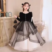 女童禮服黑色小女孩高級公主裙兒童元旦主持人鋼琴演奏表演服夏季