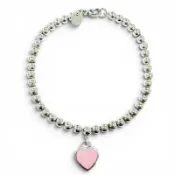【DOKODEMO】全新 ◇ TIFFANY&Co. Return to Tiffany 迷你心形吊牌串珠手鍊 AG925，腕圍約 16 厘米，銀色和粉色，重 5.2 克，女士款，附盒子和防塵袋。