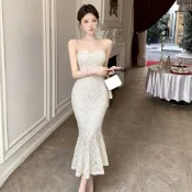 法式聚會派對性感米白色蕾絲抹胸長裙女裝顯瘦一字領無袖中長款魚尾洋裝