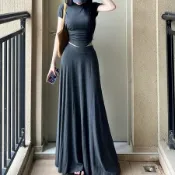胖胖美依 套裝裙 短袖上衣 長裙 S-2XL 新款冷淡慵懶風兩件套裝露臍短袖上衣女輕熟時尚高腰大裙擺半身長裙-9225.