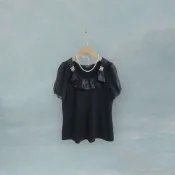 *♡*香港製U're/黑色/縫珠荷葉領紗袖上衣/S-小M/近新/二手《Anna的百寶箱》