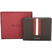 【BALLY】TEVYE 經典紅白條紋六卡對折短夾-咖啡色(短夾 皮夾)