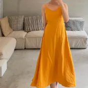 ✨近全新✨芥黃色細肩美背胸墊渡假傘狀綁帶洋裝  Size Free