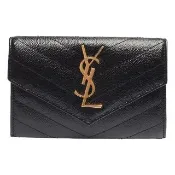 【YSL】MONOGRAM系列V字縫線魚子醬牛皮金屬LOGO暗釦零錢包(黑414404-BOW01-1000)