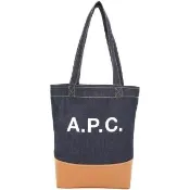 【A.P.C.】Axel 字母印花日本丹寧布拼牛皮手提 肩背托特包(深藍色 法國精品)